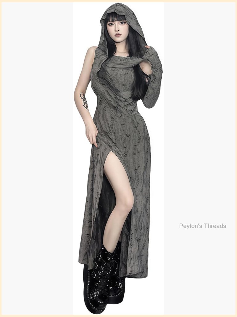 Gothic Sleeveless Hooded Midi Dress Bodycon Side Split Hollow Out Y2k Cocktail